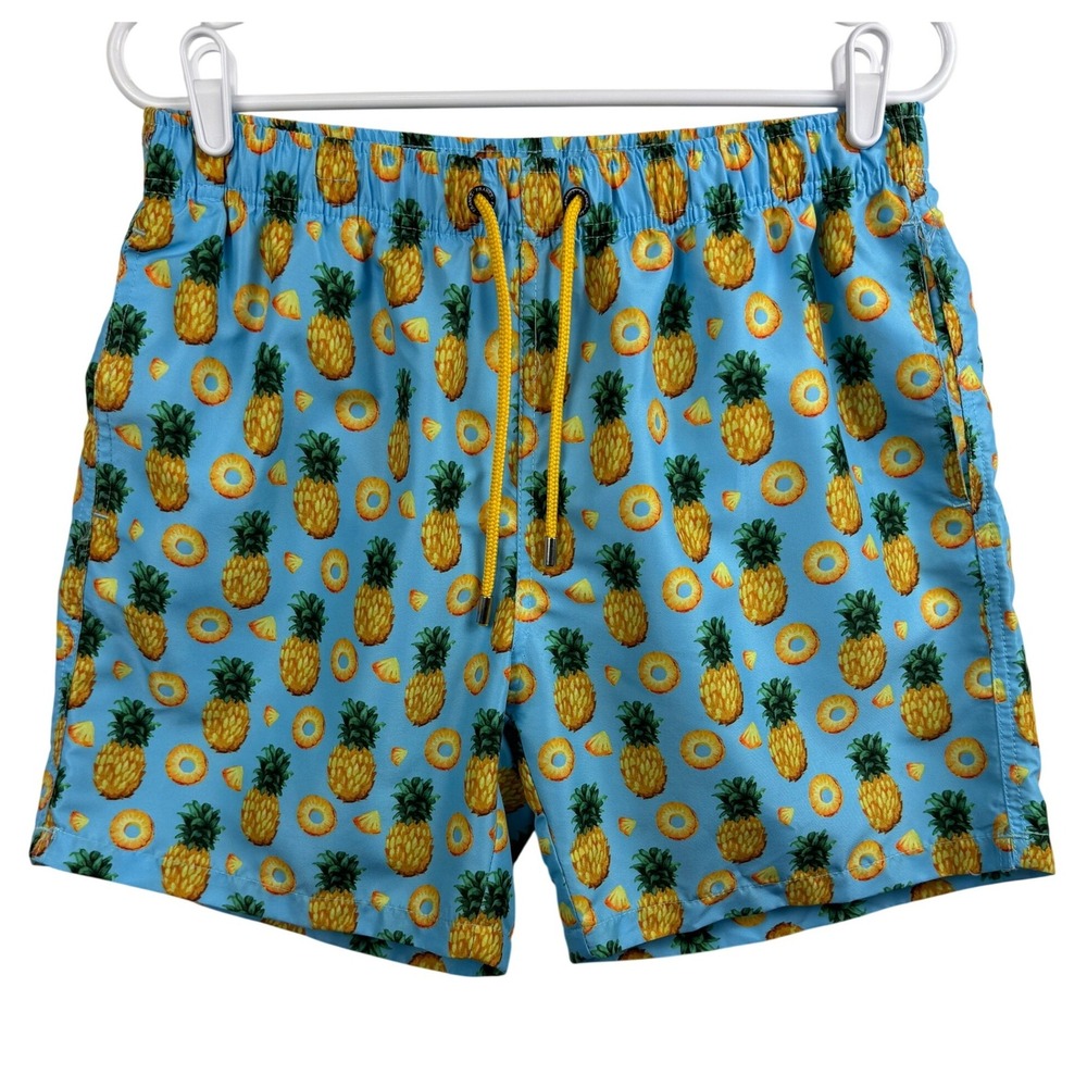 Franks Mens Blue Pineapple Print Swim Trunks Board Shorts‎ Mesh Lining Large